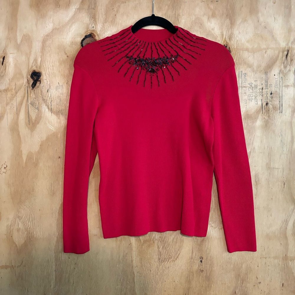 Dress Barn Red Pullover Black Beaded Holiday Sweater Sz M Petite